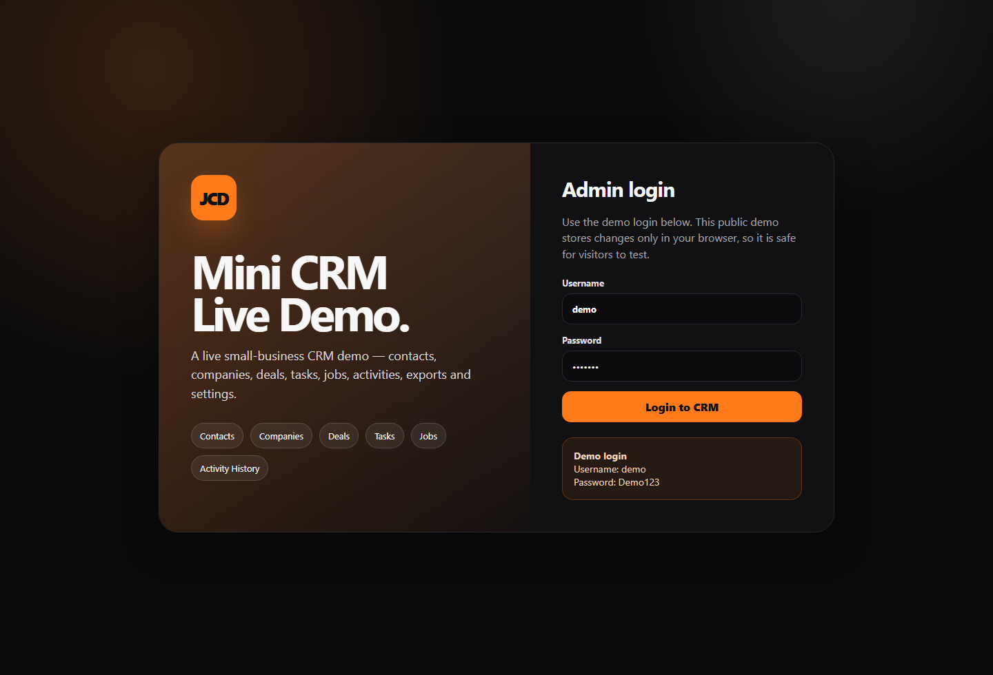 Mini CRM live demo screenshot
